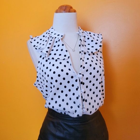 Anthropologie Ruffle Polka Dot Button Up Tank Top Blouse - Picture 2 of 15